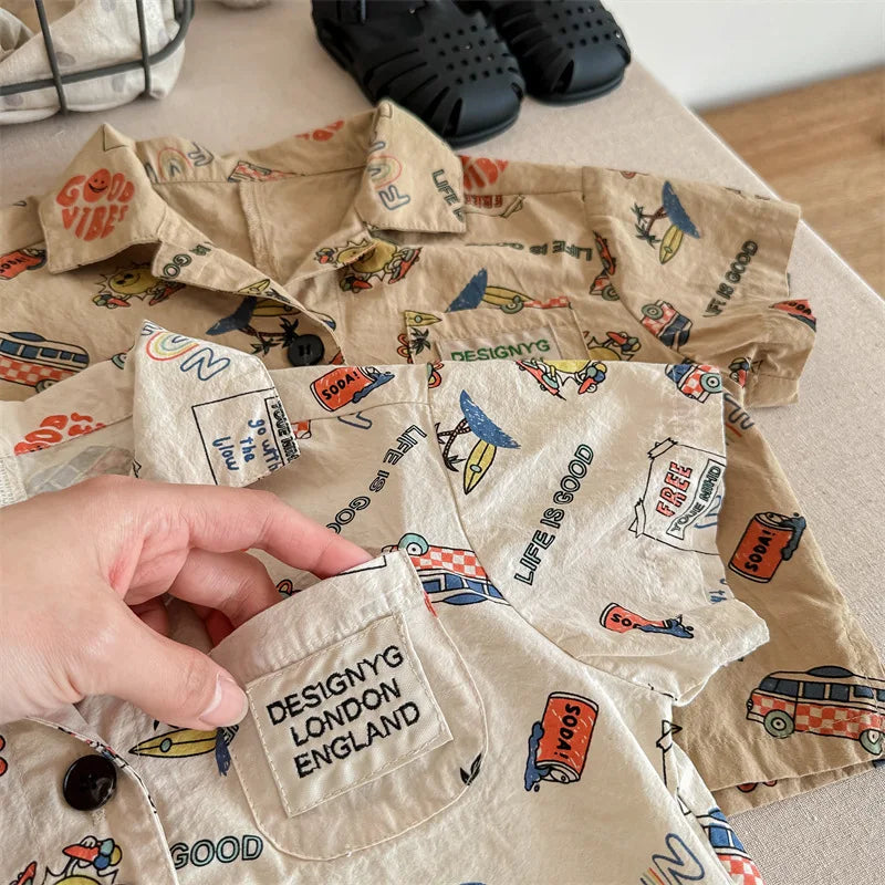 -キッズトップス 半袖シャツ アロハシャツ アメリカンプリント 2カラー - mamahalo shop - 半袖シャツ・ブラウス -  べビー服 - 子供服 - 男の子 - 女の子