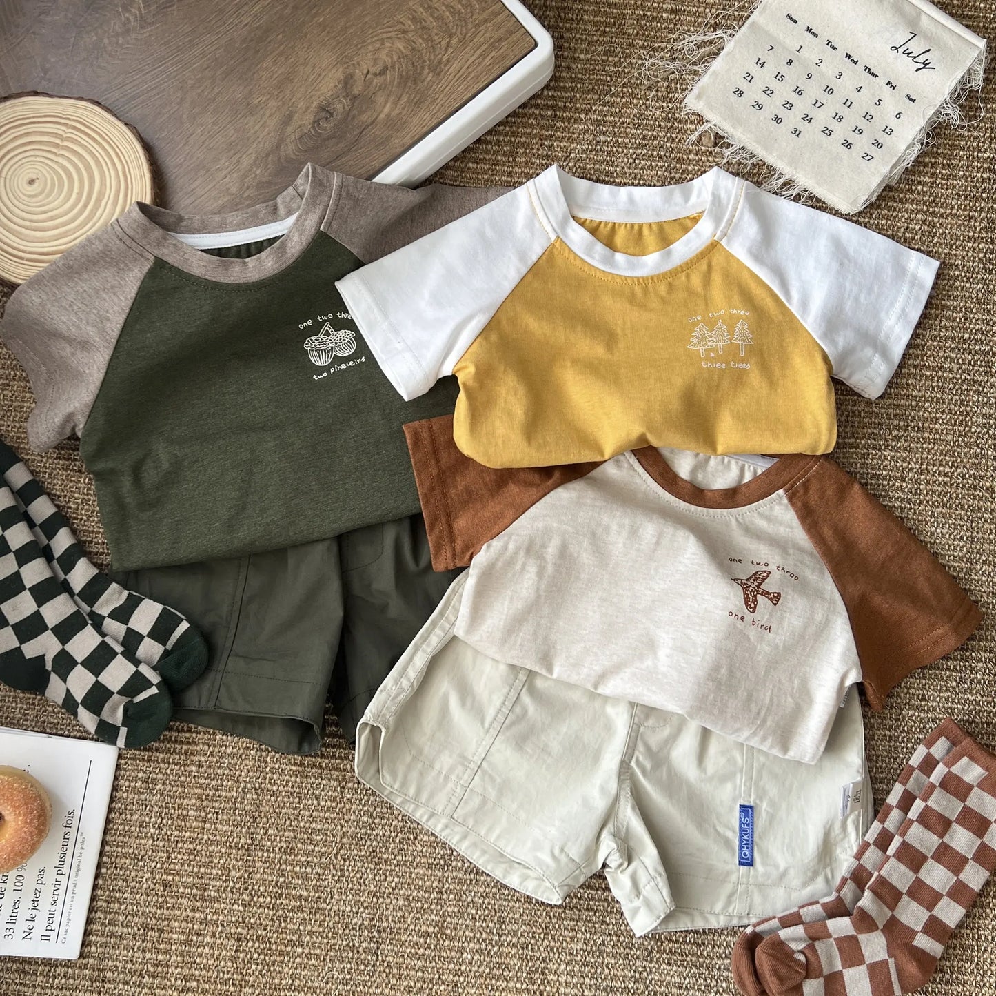 -ベビーキッズトップス 半袖Tシャツ ラグラン パッチワーク レトロ 3カラー - mamahalo shop - 半袖Tシャツ -  べビー服 - 子供服 - 男の子 - 女の子