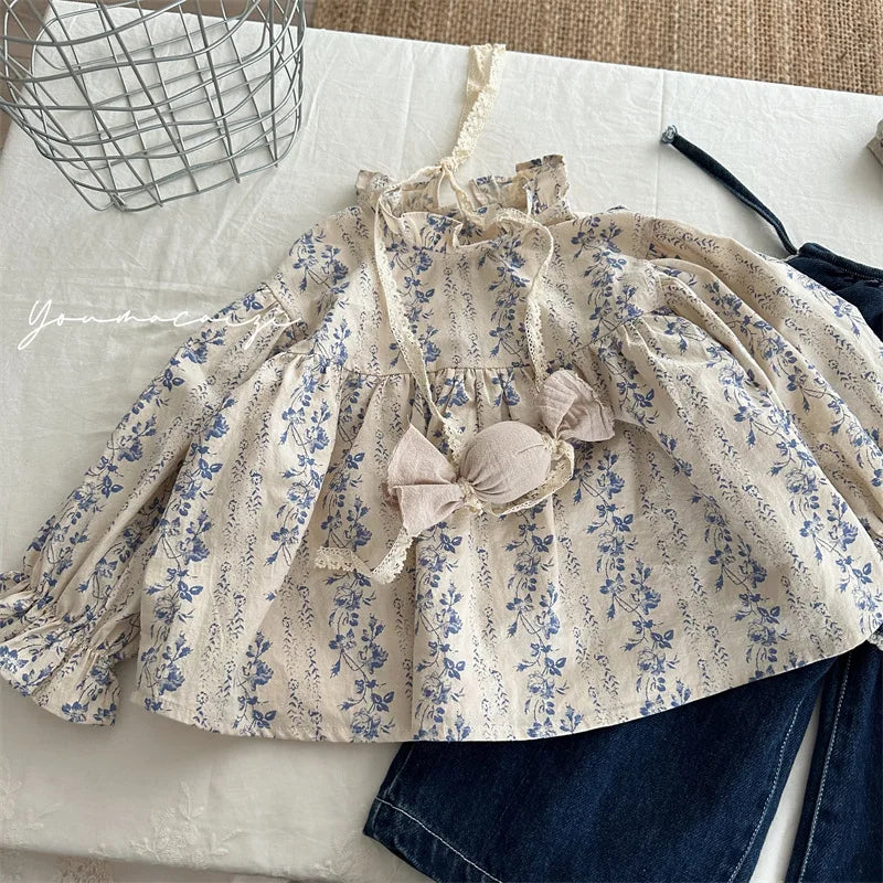 -キッズトップス フリルスタンドカラーフラワーストライププリント長袖パフスリーブチュニックブラウス - mamahalo shop - 長袖シャツ・ブラウス -  べビー服 - 子供服 - 男の子 - 女の子