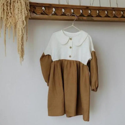 -キッズワンピース 長袖切り替えワンピース 丸襟 ブラウン/グリーン/2カラー - mamahalo shop - 長袖ワンピース -  べビー服 - 子供服 - 男の子 - 女の子