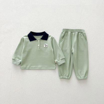 -ベビーキッズセットアップ 2点セット バックプリント長袖ポロシャツ+ロングパンツ 2カラーベビーキッズセットアップ 2点セット バックプリント長袖ポロシャツ+ロングパンツ 2カラー【mh0007225】 - mamahalo shop - 長袖セットアップ -  べビー服 - 子供服 - 男の子 - 女の子