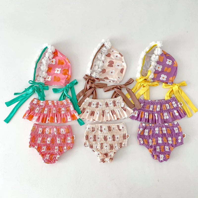 -ベビー水着 ビキニ セパレート スイムウェア リボン 帽子セット 3カラー【mh0004919】 - mamahalo shop - ベビー用水着 -  べビー服 - 子供服 - 男の子 - 女の子