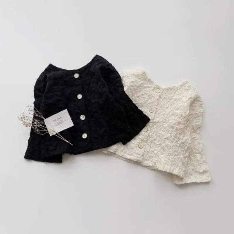 -キッズカーディガン 長袖Tシャツ しわ加工ジャケットトップス ブラック/ベージュ/2カラー - mamahalo shop - カーディガン・パーカー -  べビー服 - 子供服 - 男の子 - 女の子