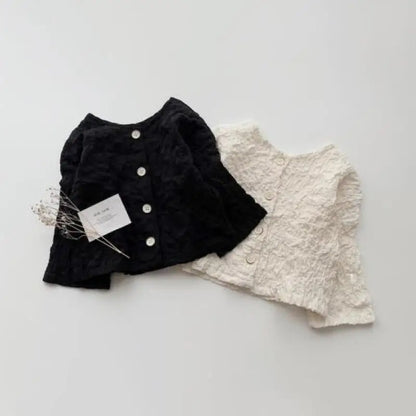 -キッズカーディガン 長袖Tシャツ しわ加工ジャケットトップス ブラック/ベージュ/2カラー - mamahalo shop - カーディガン・パーカー -  べビー服 - 子供服 - 男の子 - 女の子