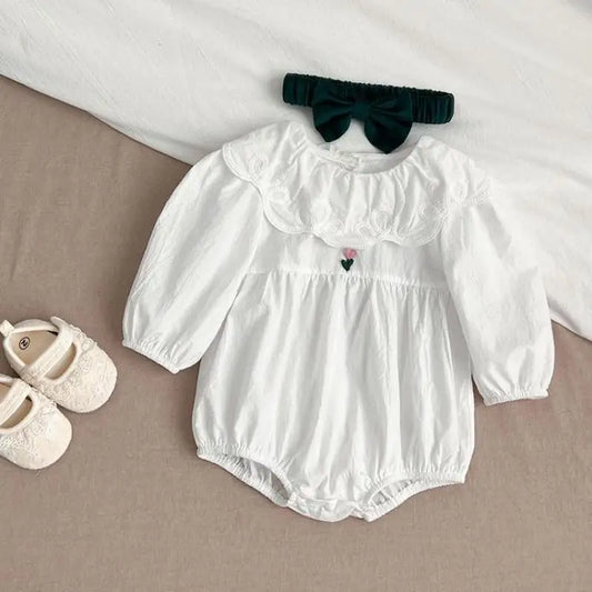 -ベビーロンパース ヘアバンドセット 長袖サークル襟ボディスーツ+リボンヘアバンド ホワイト【mh0004697】 - mamahalo shop - 長袖ロンパース -  べビー服 - 子供服 - 男の子 - 女の子