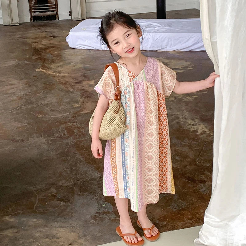 -キッズワンピース 半袖ワンピース ルーミーデザイン アラベスク柄プリント【mh0005802】 - mamahalo shop - 半袖ワンピース -  べビー服 - 子供服 - 男の子 - 女の子