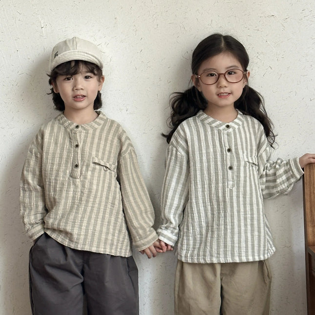 キッズトップス ストライプノーカラー長袖シャツ - mamahalo shop - 長袖シャツ・ブラウス -  べビー服 - 子供服 - 男の子 - 女の子