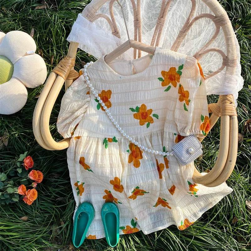 -☺︎ キッズワンピース 半袖パフスリーブワンピース フラワー花柄プリント - mamahalo shop - 半袖ワンピース -  べビー服 - 子供服 - 男の子 - 女の子