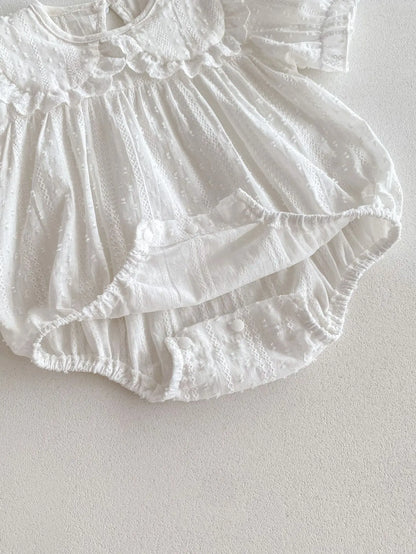 -ベビーロンパース/キッズワンピース 半袖パフスリーブ レースフリル襟 ホワイト リンクコーデ 姉妹 お揃いコーデ【mh0005457】 - mamahalo shop - 半袖ロンパース -  べビー服 - 子供服 - 男の子 - 女の子