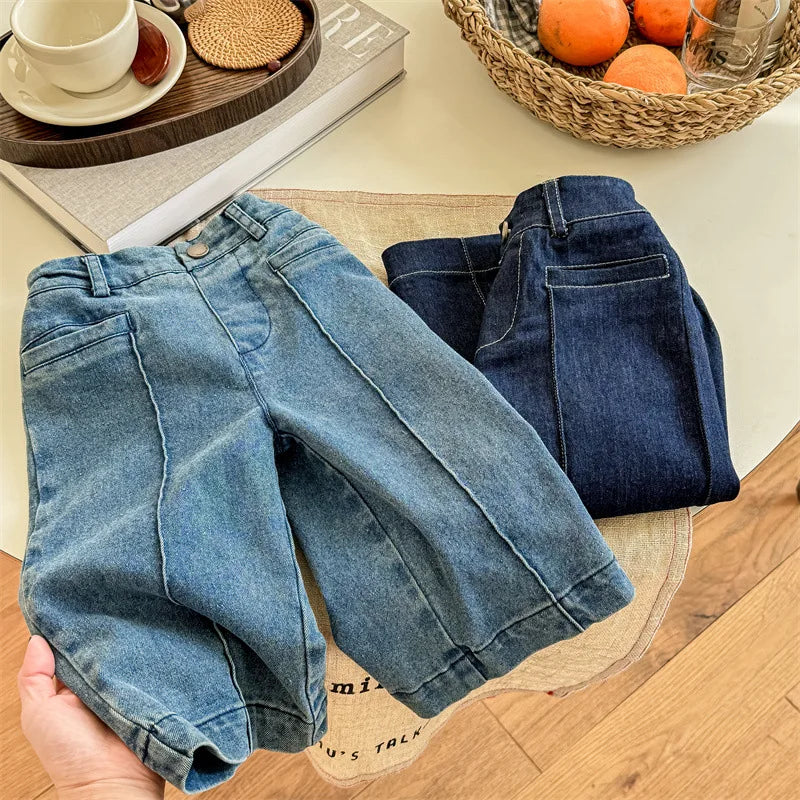 -キッズパンツ デニムパンツ ワイドストレートジーンズ バギーパンツ ジーパン 2カラー - mamahalo shop - デニムパンツ -  べビー服 - 子供服 - 男の子 - 女の子