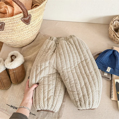 -キッズパンツ キルティング裏ボアフリースパンツ 暖パン 幾何学フラワープリント 2カラー ユニセックス 男の子 女の子 子供服 - mamahalo shop - ロングパンツ・スウェットパンツ -  べビー服 - 子供服 - 男の子 - 女の子