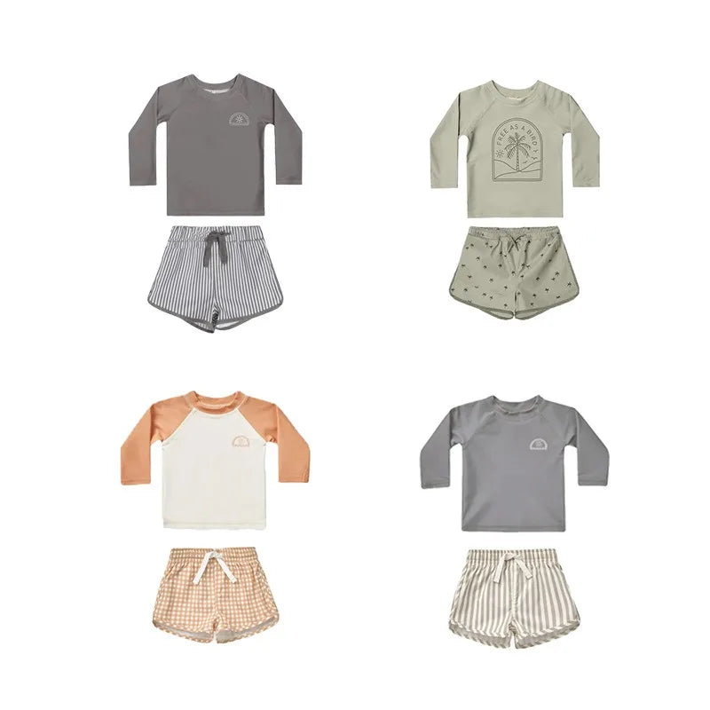 -キッズ水着 ボーイズ 長袖 セパレート トップス+パンツ ストライプ/チェック スイムウェア【mh0005994】 - mamahalo shop - ベビー用水着 -  べビー服 - 子供服 - 男の子 - 女の子