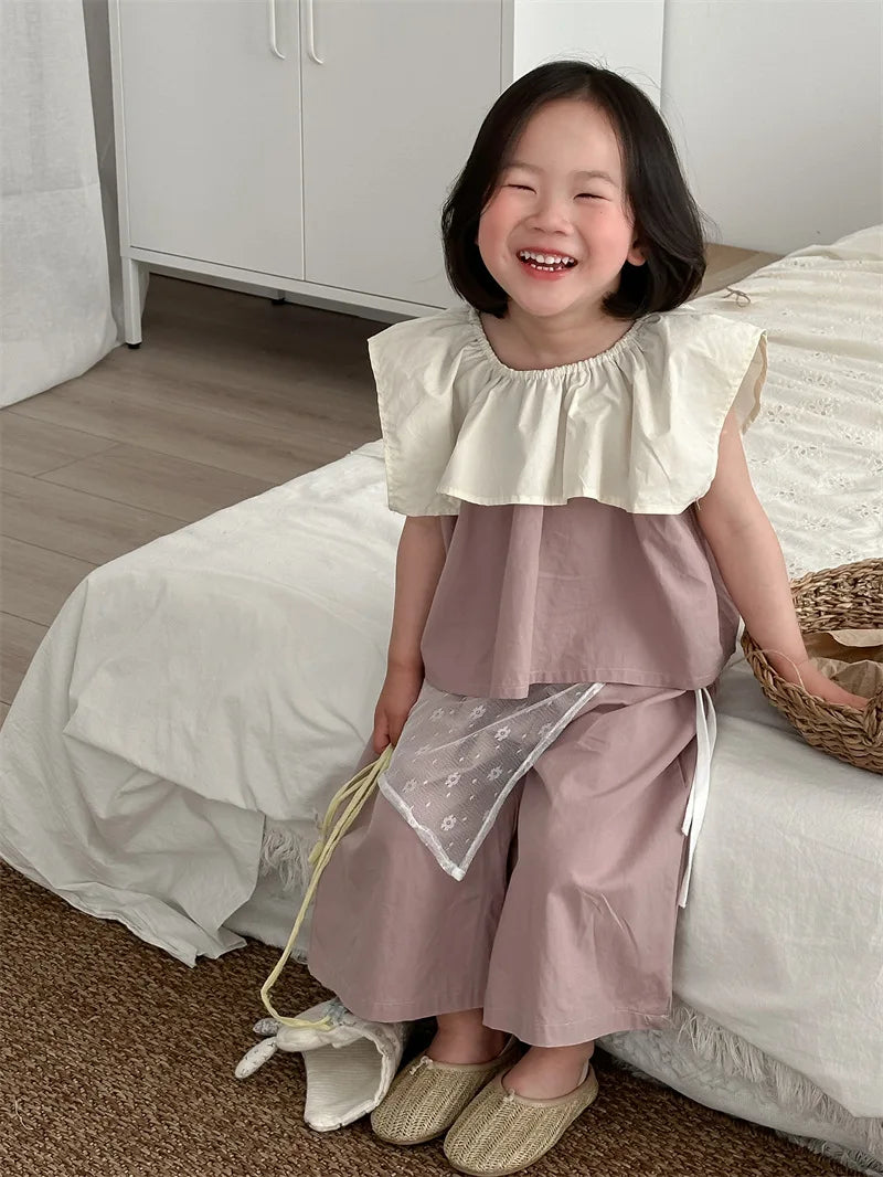 -キッズセットアップ 2点セット ノースリーブビッグ襟ブラウス+ワイドルーズパンツ【mh0005307】 - mamahalo shop - ノースリーブセットアップ -  べビー服 - 子供服 - 男の子 - 女の子