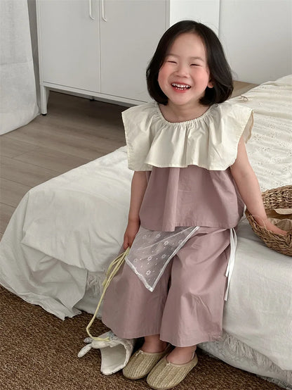 -キッズセットアップ 2点セット ノースリーブビッグ襟ブラウス+ワイドルーズパンツ【mh0005307】 - mamahalo shop - ノースリーブセットアップ -  べビー服 - 子供服 - 男の子 - 女の子