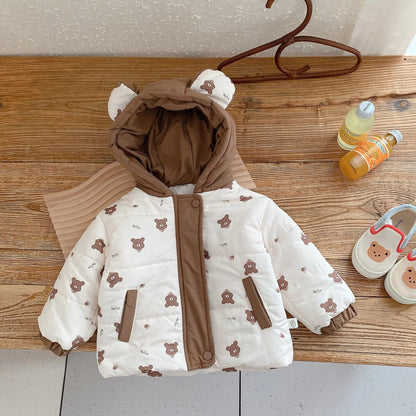 -キッズ ショートジャケット アウター コート くま耳フーディ フード付き ベージュ ブラウン ユニセックス 男の子 女の子 子供服 - mamahalo shop - ショートコート・ジャケット・ジャンパー -  べビー服 - 子供服 - 男の子 - 女の子