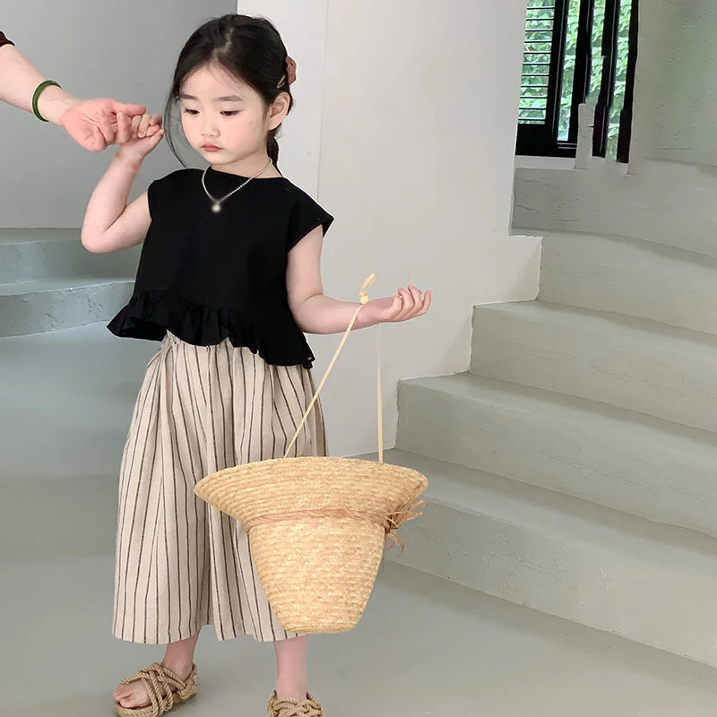 -キッズセットアップ 2点セット ノースリーブトップス+ストライプワイドルーズガウチョパンツ【mh0005789】 - mamahalo shop - ノースリーブセットアップ -  べビー服 - 子供服 - 男の子 - 女の子