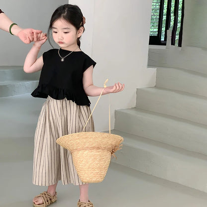 -キッズセットアップ 2点セット ノースリーブトップス+ストライプワイドルーズガウチョパンツ【mh0005789】 - mamahalo shop - ノースリーブセットアップ -  べビー服 - 子供服 - 男の子 - 女の子