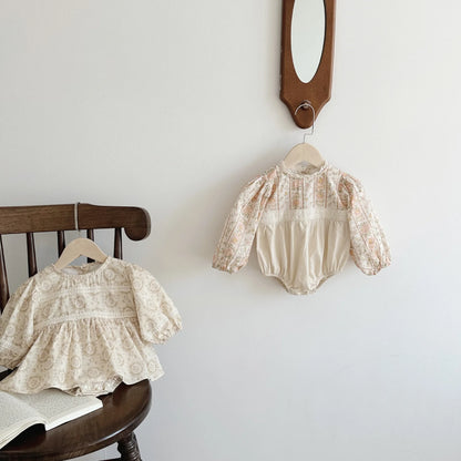 -ベビーロンパース 長袖パフスリーブボディスーツ レトロ フラワー花柄プリント レース【mh0004664】 - mamahalo shop - 長袖ロンパース -  べビー服 - 子供服 - 男の子 - 女の子