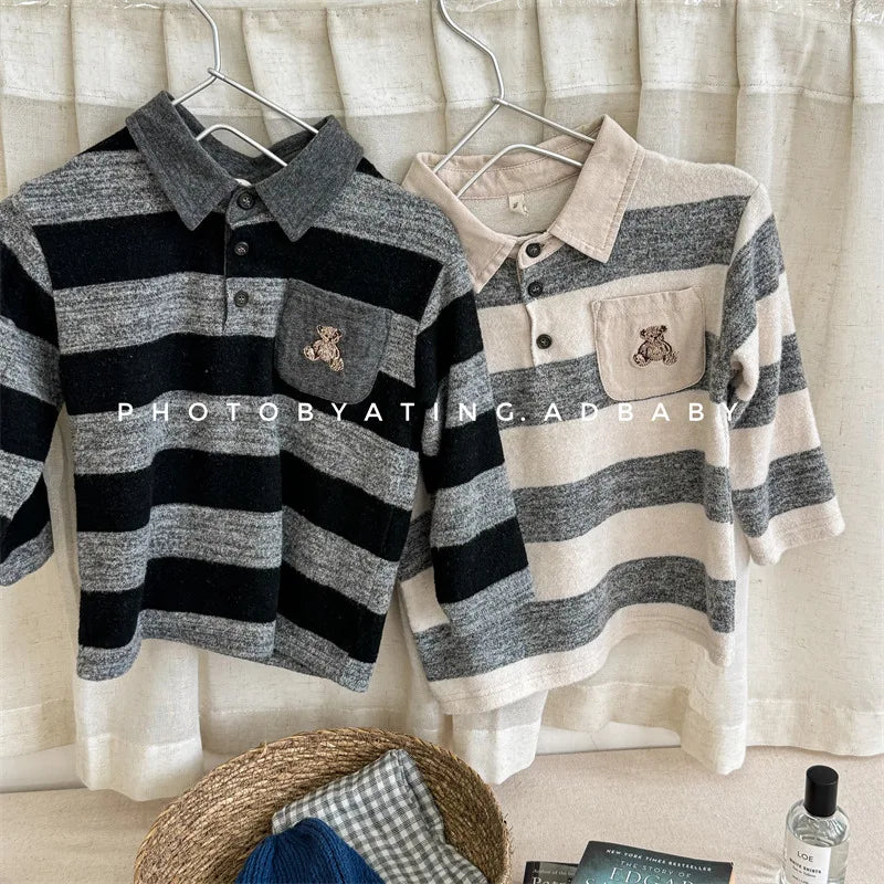 -キッズトップス ボーダー 長袖ポロシャツ くまベア刺繍 2カラー - mamahalo shop - 長袖シャツ・ブラウス -  べビー服 - 子供服 - 男の子 - 女の子
