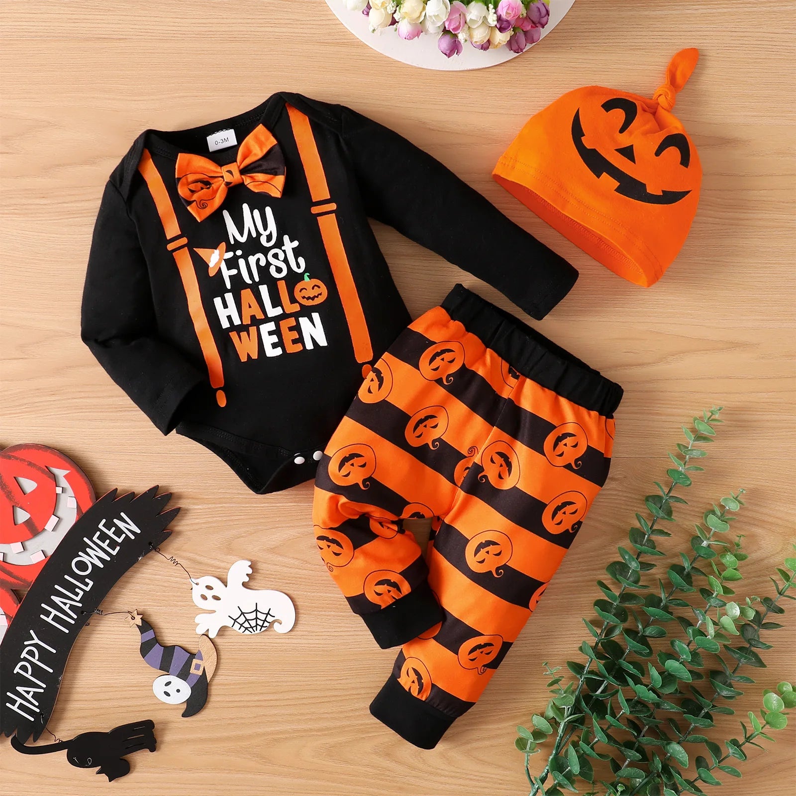 -ベビーハロウィンコスチューム セットアップ 3点セット 長袖ロンパース+ロングパンツ+帽子 パンプキン Halloween 👻【mh0006359】 - mamahalo shop - ロンパースセットアップ -  べビー服 - 子供服 - 男の子 - 女の子