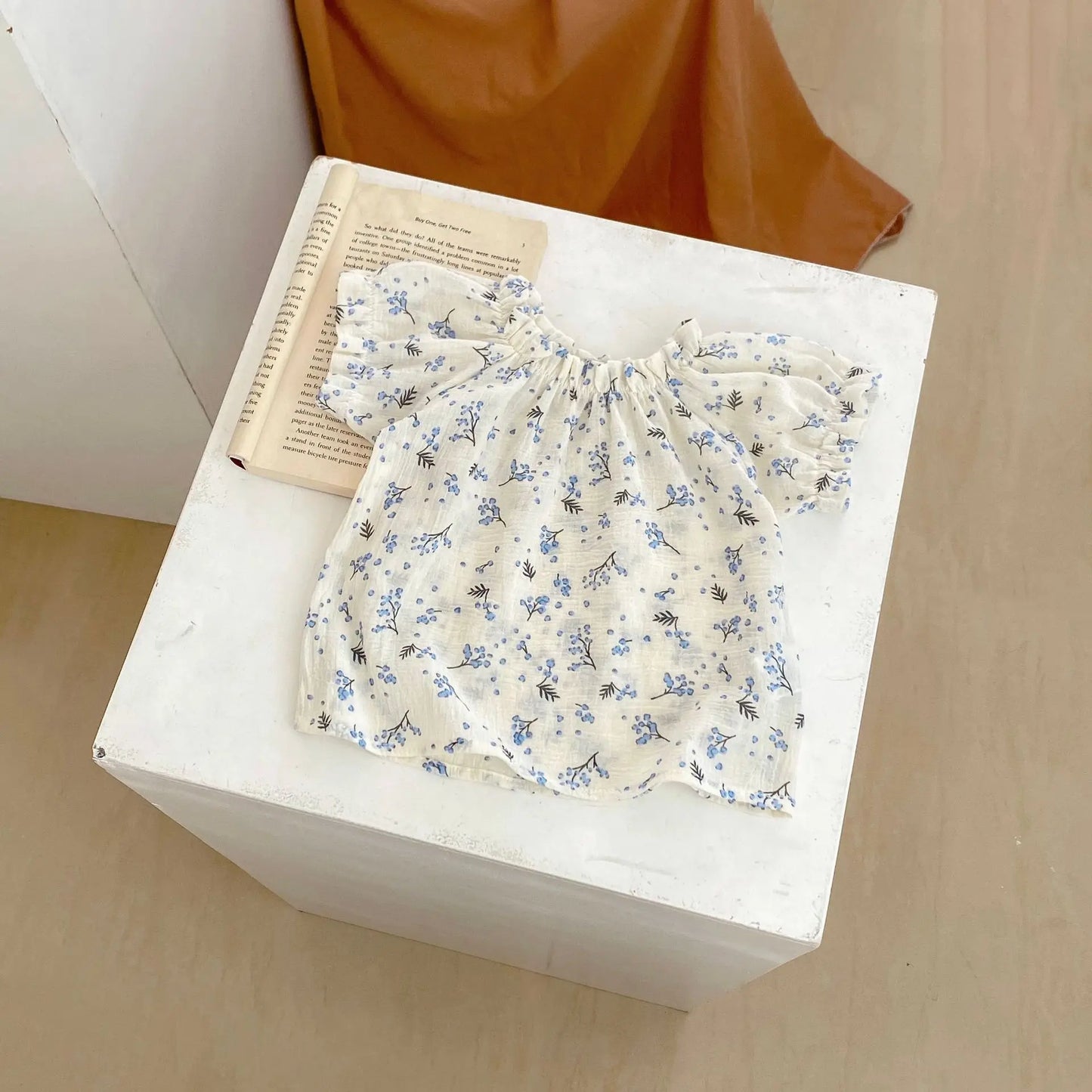 -ベビーセットアップ 2点セット 半袖フラワープリントブラウス+レースフリルデニムブルマパンツ - mamahalo shop - 半袖セットアップ -  べビー服 - 子供服 - 男の子 - 女の子