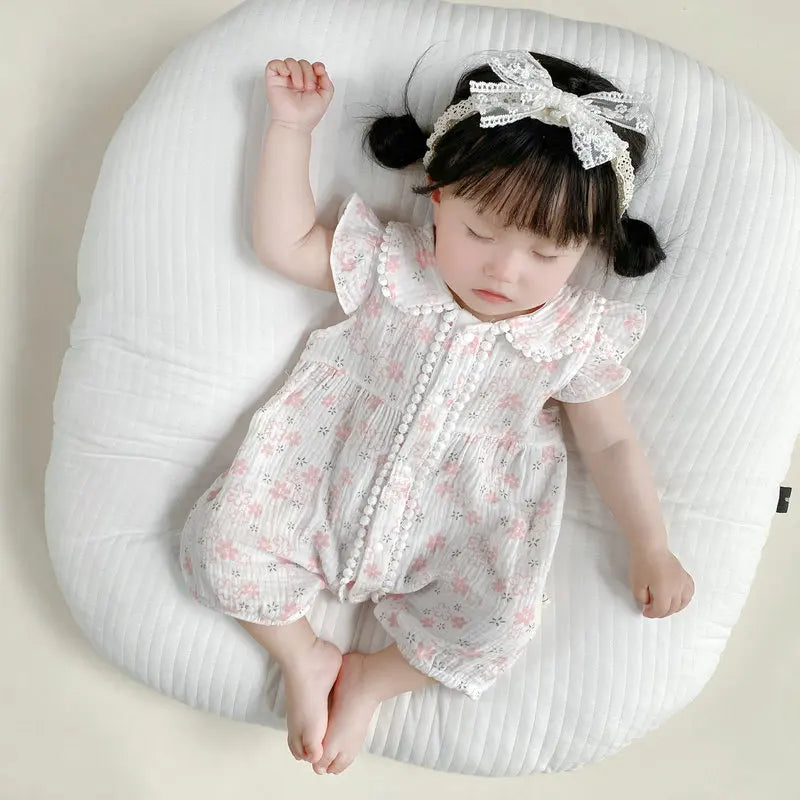 -ベビーロンパース 半袖フリルジャンプスーツ フラワー花柄プリント ヘアバンドセット【mh0005321】 - mamahalo shop - 半袖ロンパース -  べビー服 - 子供服 - 男の子 - 女の子