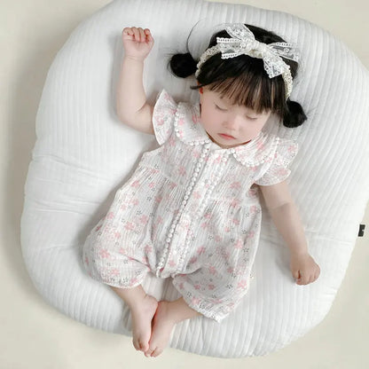 -ベビーロンパース 半袖フリルジャンプスーツ フラワー花柄プリント ヘアバンドセット【mh0005321】 - mamahalo shop - 半袖ロンパース -  べビー服 - 子供服 - 男の子 - 女の子