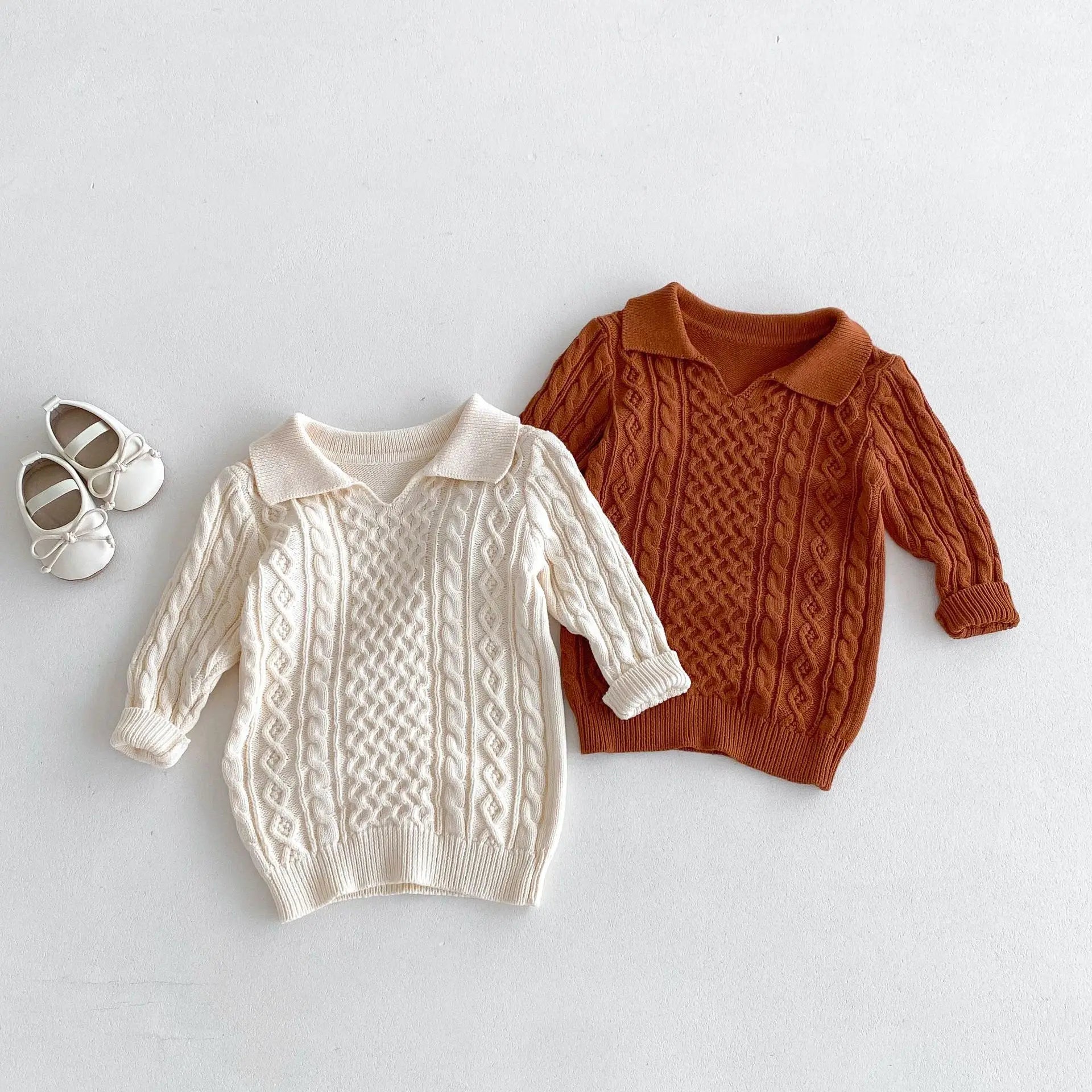 -キッズトップス 襟付ケーブル編みニットロングトップスワンピース 2カラー - mamahalo shop - 長袖ワンピース -  べビー服 - 子供服 - 男の子 - 女の子