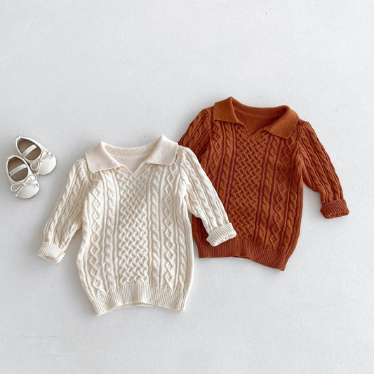 -キッズトップス 襟付ケーブル編みニットロングトップスワンピース 2カラー - mamahalo shop - 長袖ワンピース -  べビー服 - 子供服 - 男の子 - 女の子