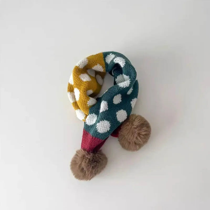 -キッズマフラー ニット ネックウォーマー ぽんぽん付き 水玉ポルカドット チェック 12カラー - mamahalo shop - ネックウォーマー -  べビー服 - 子供服 - 男の子 - 女の子