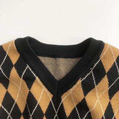 -キッズベスト ハーフパンツ アーガイルチェック ニットベスト ニットパンツ - mamahalo shop - ノースリーブセットアップ -  べビー服 - 子供服 - 男の子 - 女の子