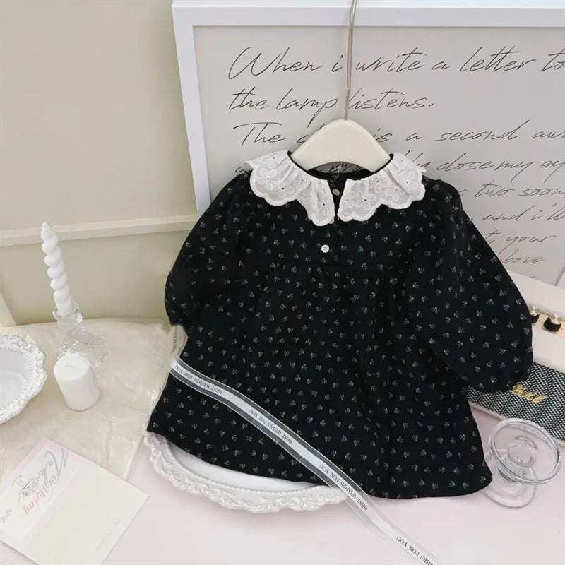 -キッズワンピース レースラッフル襟フラワープリント長袖ワンピース ブラック - mamahalo shop - 長袖ワンピース -  べビー服 - 子供服 - 男の子 - 女の子