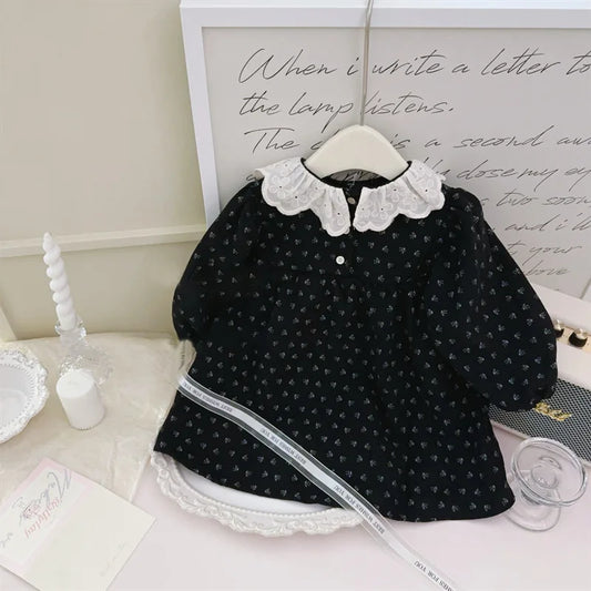 -キッズワンピース レースラッフル襟フラワープリント長袖ワンピース ブラック - mamahalo shop - 長袖ワンピース -  べビー服 - 子供服 - 男の子 - 女の子