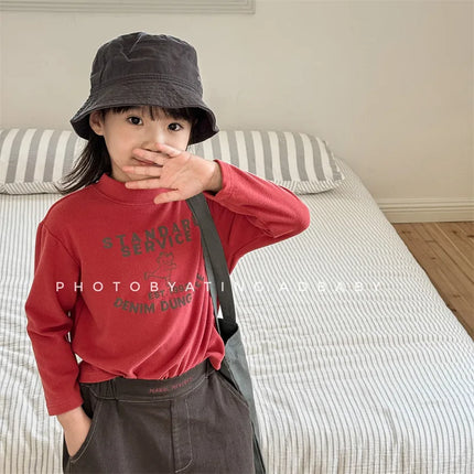 キッズトップス プリント柄ハイネックボトルネックフリース長袖Tシャツ - mamahalo shop - 長袖Tシャツ -  べビー服 - 子供服 - 男の子 - 女の子