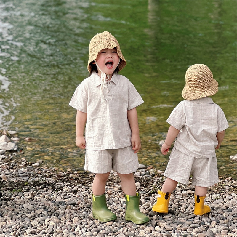 -キッズ グレンチェック セットアップ 半袖 シャツ ショートパンツ ベージュ ダークグレー ボーイズ - mamahalo shop - 半袖セットアップ -  べビー服 - 子供服 - 男の子 - 女の子