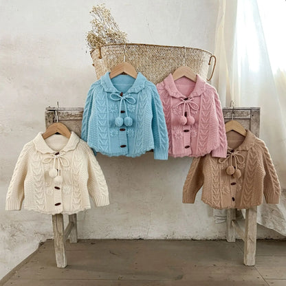 -ベビーキッズカーディガン アラン編みケーブルニットぽんぽん付きニットジャケット 4カラー - mamahalo shop - カーディガン・パーカー -  べビー服 - 子供服 - 男の子 - 女の子