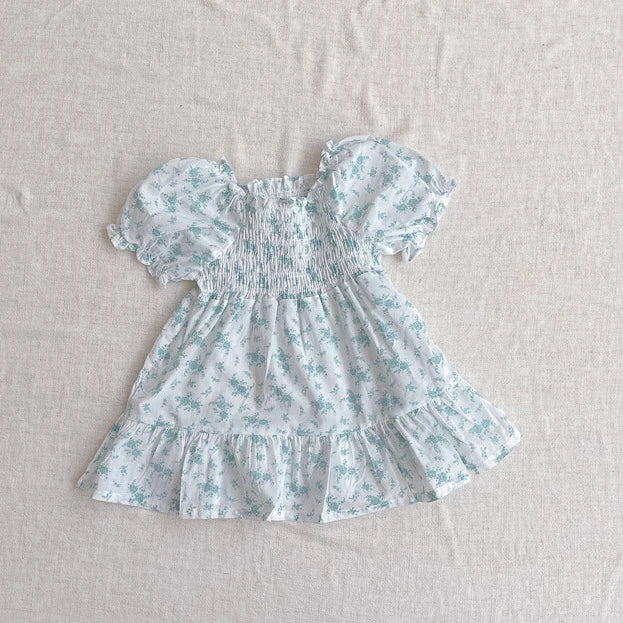 -ベビーワンピース 半袖パフスリーブ シャーリング サマードレス フラワー花柄プリント 3カラー【mh0005345】 - mamahalo shop - 半袖ワンピース -  べビー服 - 子供服 - 男の子 - 女の子