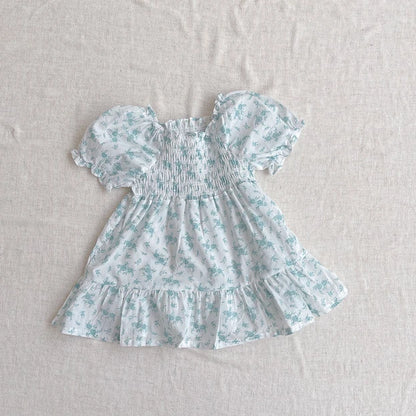 -ベビーワンピース 半袖パフスリーブ シャーリング サマードレス フラワー花柄プリント 3カラー【mh0005345】 - mamahalo shop - 半袖ワンピース -  べビー服 - 子供服 - 男の子 - 女の子