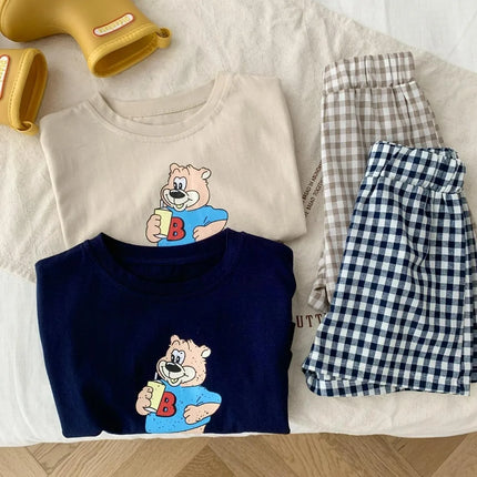 ☺︎ ベビーキッズセットアップ 2点セット 半袖プリントTシャツ+チェックショートパンツ ベアくまプリント 2カラー - mamahalo shop - 半袖セットアップ -  べビー服 - 子供服 - 男の子 - 女の子