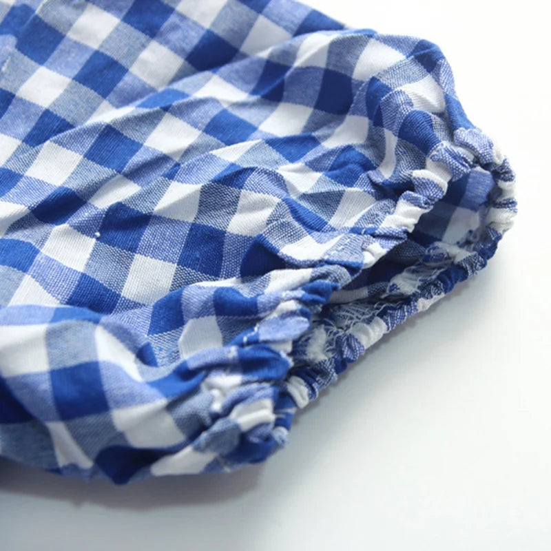 -キッズワンピース 半袖パフスリーブ チェック ブルー【mh0006041】 - mamahalo shop - 半袖ワンピース -  べビー服 - 子供服 - 男の子 - 女の子