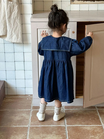 -キッズトップス/ワンピース デニム 長袖シャツ/長袖セーラーカラーワンピース リンクコーデ 兄弟姉妹 お揃いコーデ - mamahalo shop - 長袖ワンピース -  べビー服 - 子供服 - 男の子 - 女の子