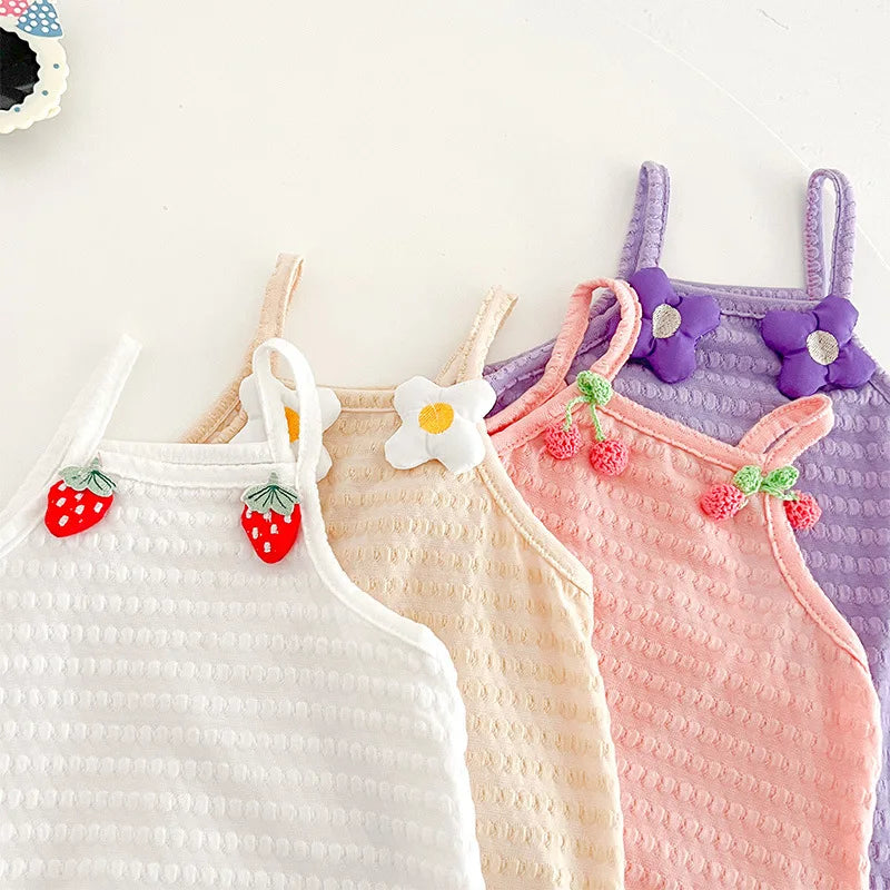 -ベビーロンパース キャミソールボディスーツ フラワー/いちご/チェリーワンポイント 4カラー【mh0005320】 - mamahalo shop - ノースリーブロンパース -  べビー服 - 子供服 - 男の子 - 女の子