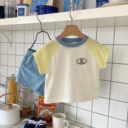 -ベビーセットアップ 2点セット パッチワーク 半袖Tシャツ+ショートパンツ 2カラー【mh0005945】 - mamahalo shop - 半袖セットアップ -  べビー服 - 子供服 - 男の子 - 女の子