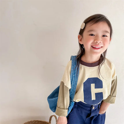 キッズトップス 長袖Tシャツ パッチワーク レターロゴプリント 2カラー - mamahalo shop - 長袖Tシャツ - ベビー服 - 子供服 - 男の子 - 女の子