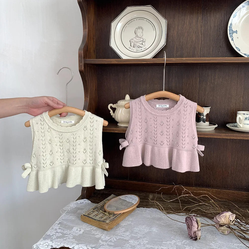 -ベビーキッズベスト レースニット ペプラム リボン ノースリーブトップス アプリコット/ピンク/2カラー【mh0004272】 - mamahalo shop - ベスト -  べビー服 - 子供服 - 男の子 - 女の子