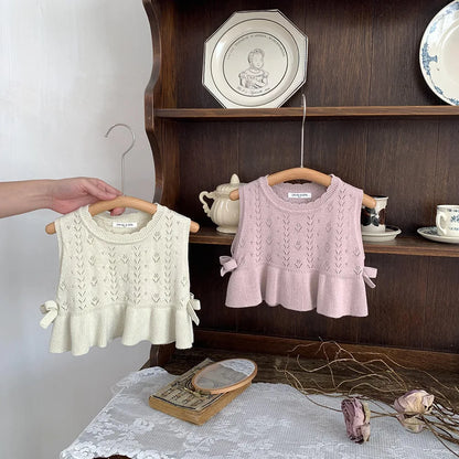 -ベビーキッズベスト レースニット ペプラム リボン ノースリーブトップス アプリコット/ピンク/2カラー【mh0004272】 - mamahalo shop - ベスト -  べビー服 - 子供服 - 男の子 - 女の子