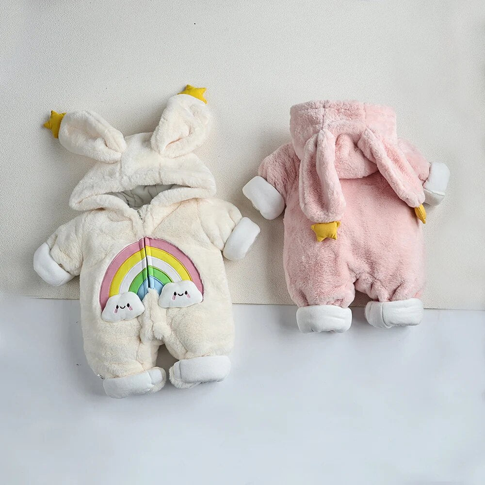 -ベビーアウタージャンプスーツ うさぎ バニー 耳付きフーディロンパース フリース ピンク ホワイト 2カラー ユニセックス 男の子 女の子 子供服 - mamahalo shop - アウタージャンプスーツ -  べビー服 - 子供服 - 男の子 - 女の子