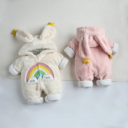 -ベビーアウタージャンプスーツ うさぎ バニー 耳付きフーディロンパース フリース ピンク ホワイト 2カラー ユニセックス 男の子 女の子 子供服 - mamahalo shop - アウタージャンプスーツ -  べビー服 - 子供服 - 男の子 - 女の子