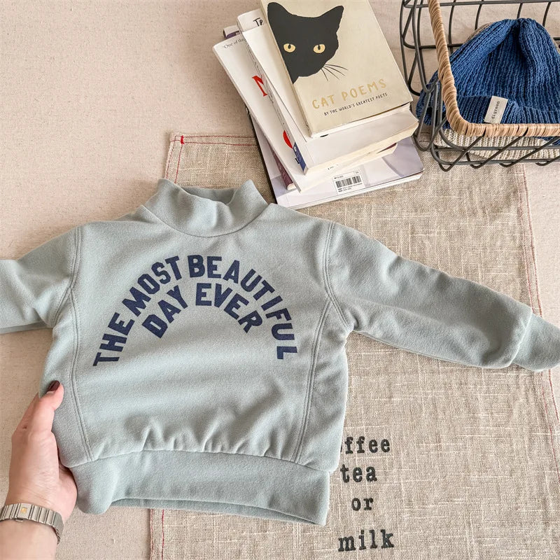 -キッズスウェットシャツ レターロゴプリント ハイネックトップス 裏フリースTシャツ 3カラー ユニセックス 男の子 女の子 子供服 - mamahalo shop - トレーナー・フーディ -  べビー服 - 子供服 - 男の子 - 女の子