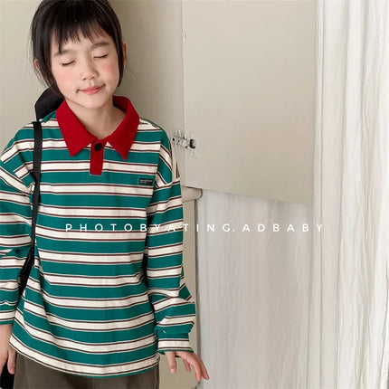 キッズトップス レトロボーダー長袖ポロシャツ - mamahalo shop - 長袖シャツ・ブラウス -  べビー服 - 子供服 - 男の子 - 女の子